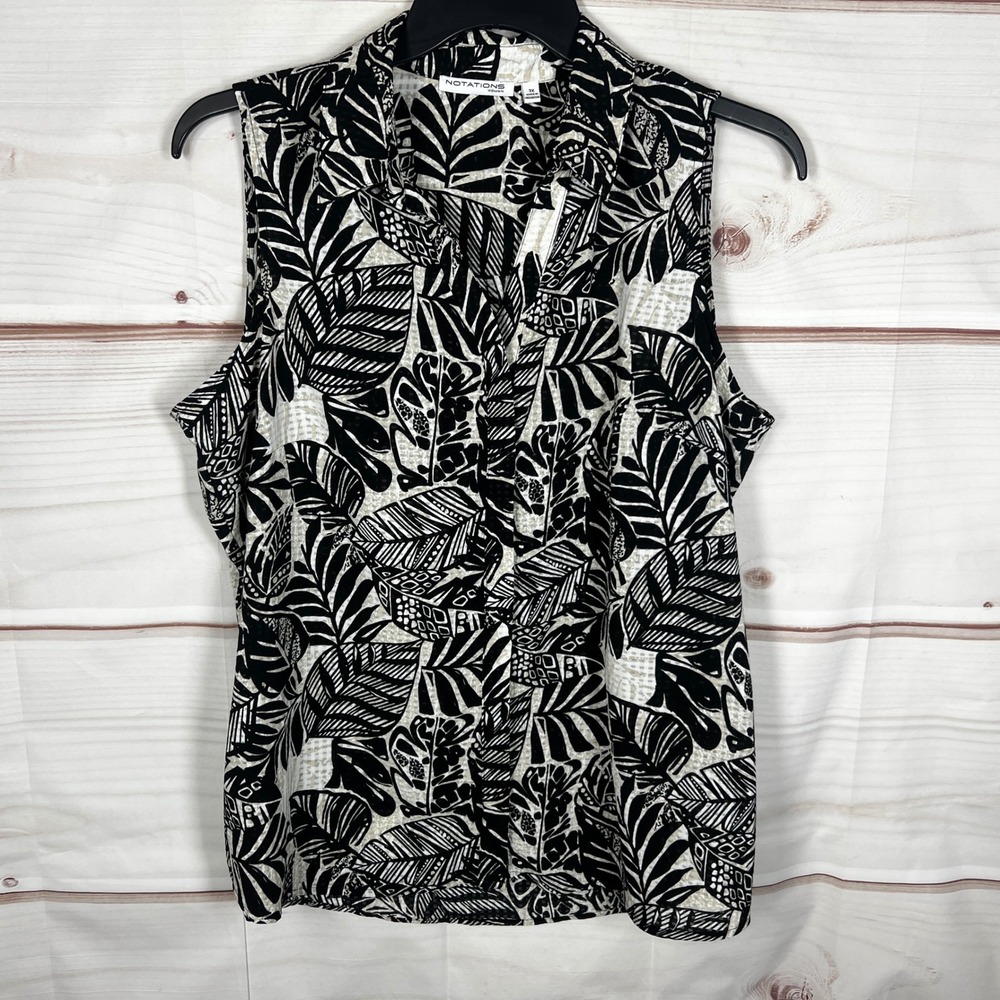 Notations Top Womens 3X Black Tropical Print Sleeveless Blouse Button Up Collar
